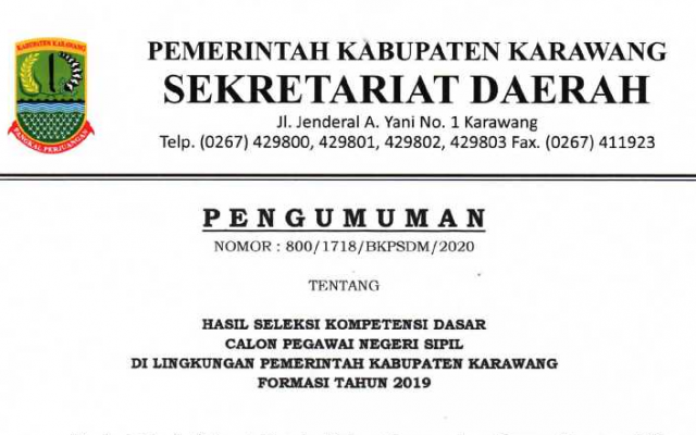 Pengumuman Hasil Seleksi Kompetensi Dasar Skd Cpns Kabupaten Karawang Formasi Tahun 2019 Situs Resmi Pemerintah Daerah Kabupaten Karawang